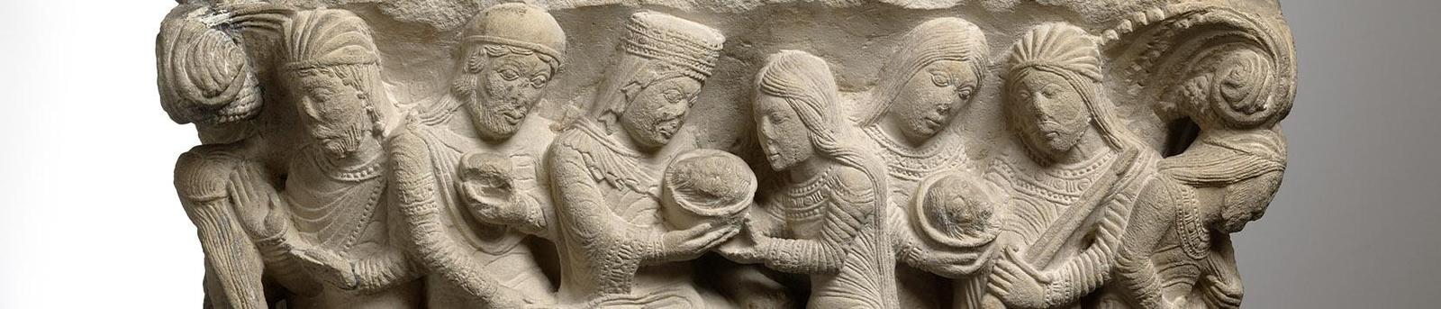 Détail du chpaiteau roman "La Mort de saint Jean-Baptiste", provenant de la cathédrale Saint-Etienne (peut-être le cloître) :